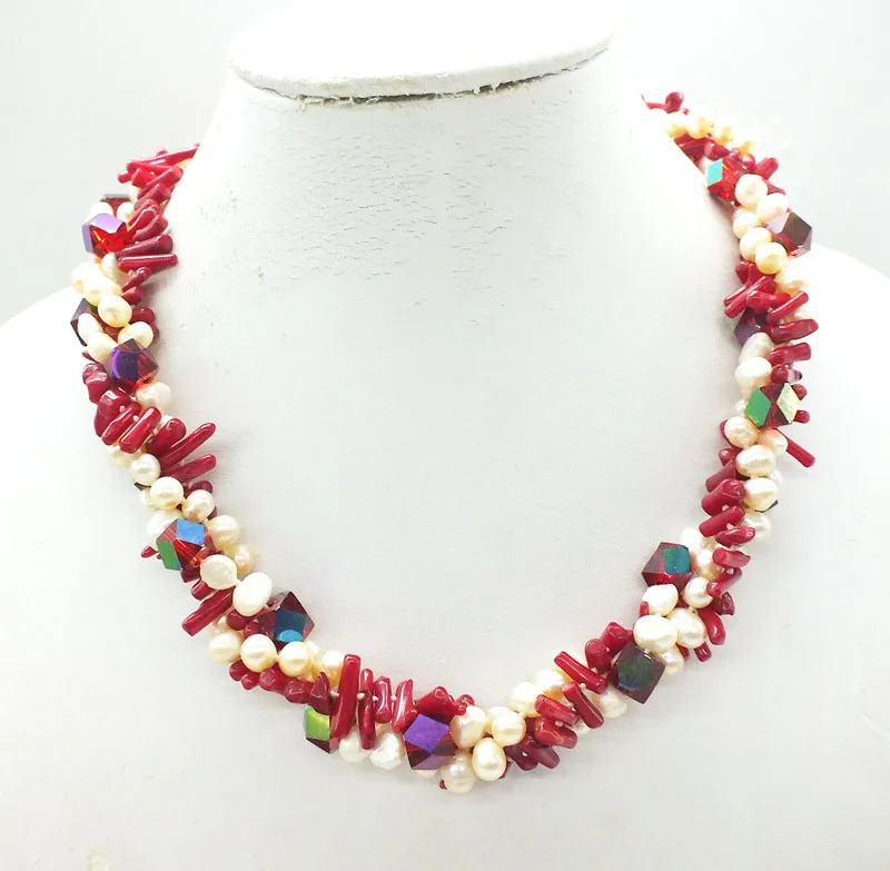 

3 strands of natural coral. Baroque pearl, crystal, classic ladies necklace 20"