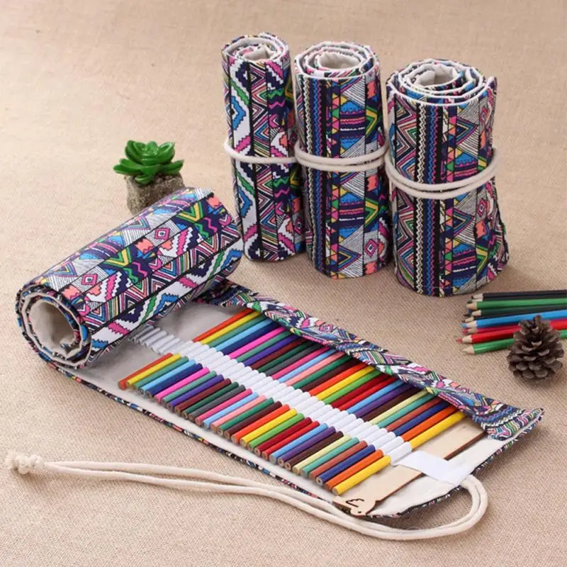 

36/48/72 Holes Cosmetic Bag Ethnic Style Canvas Roll Pencil Case School Roll Stationery Pouch Makeup Brush Case School Supplies