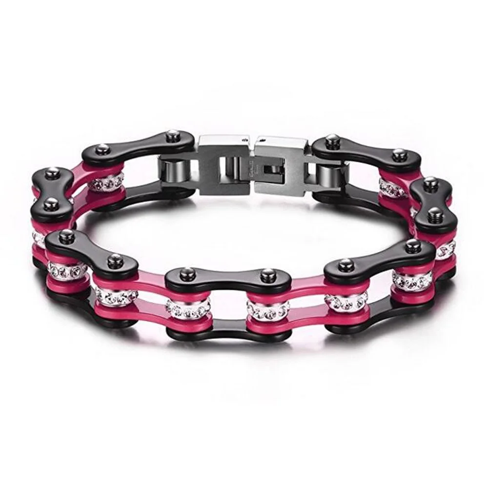 

Unisex Motorcycle Bike Biker Chain Bracelet black & Pink Crystal Rhinestone Charm Bracelet 10mm for Child and Adult Jewelry