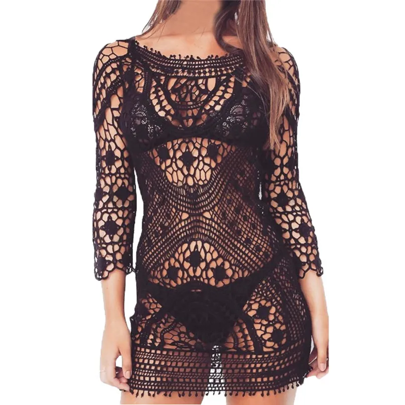 Women Beach Dress Sexy Beach Cover up Crochet Swimwear Dress Ladies Bathing Suit Women Bikini Smock Swimwear blouse #3j16#F (13)