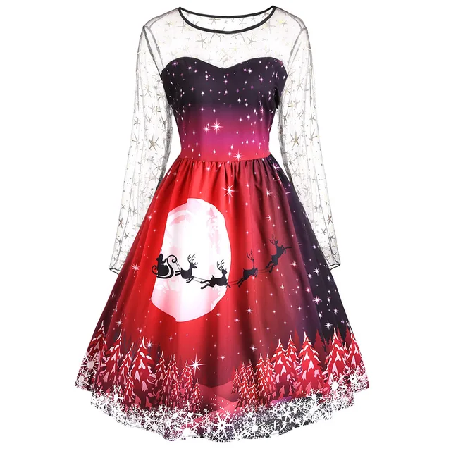 christmas print stitching long sleeves and large dresses