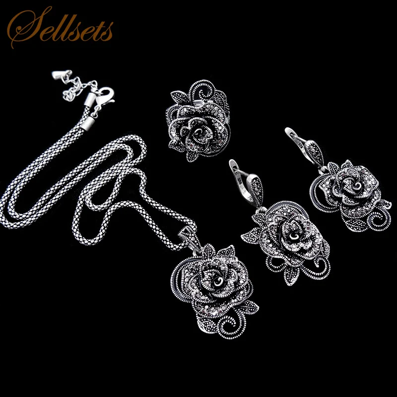 

Sellsets Antique Silver Color Jewellery New Fashion Vintage Black Crystal Flower Pendant Necklace Set Women Jewelry Sets