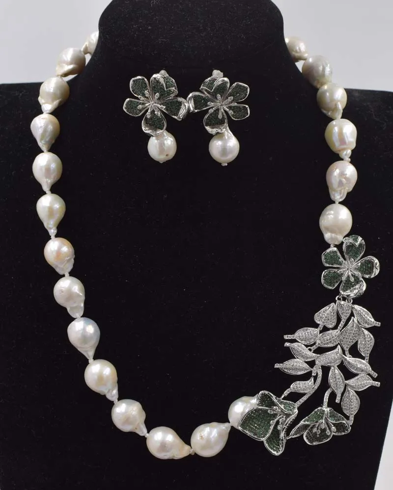 Пресноводный жемчуг белый reborn Кеши барочное ожерелье серьги+ цветок кулон 19 дюймов FPPJ бусы природа