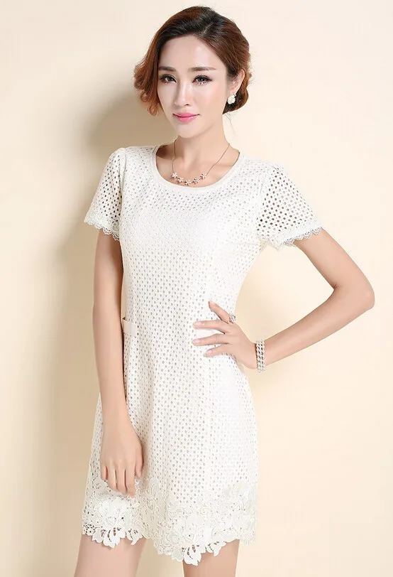 Новое летнее женское корейское милое стильное тонкое кружевное платье с коротким рукавом, свободное однотонное платье для особых случаев, M-4XL Размер