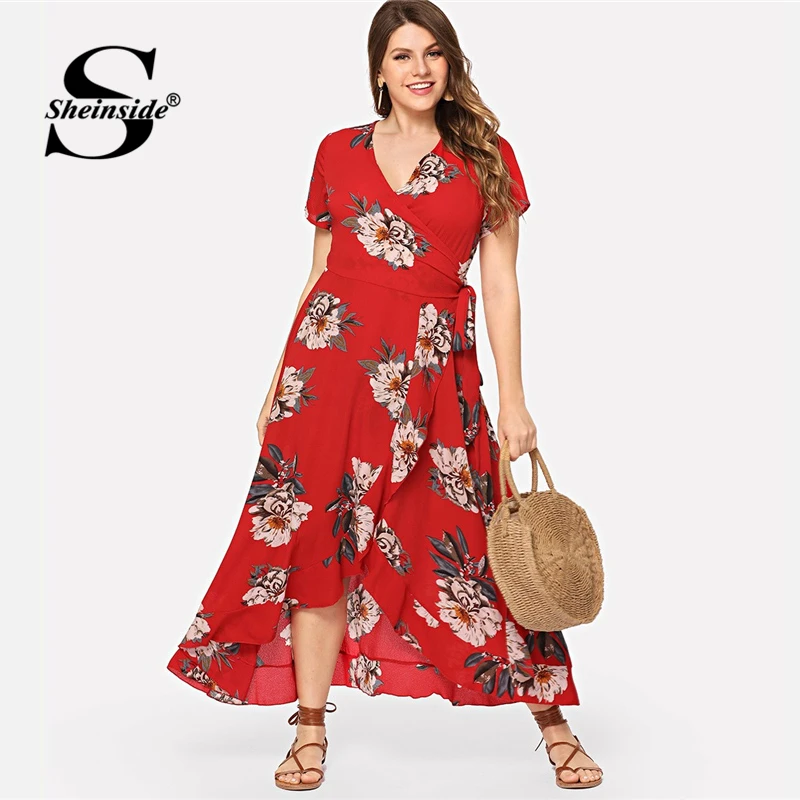 

Sheinside Plus Size V Neck Wrap Floral Print Summer Dress Women 2019 Casual Ruffle Hem Maxi Dresses Ladies Belted Straight Dress