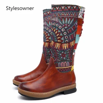 

Stylesowner 2019 Retro High-end Popular Woman Knee-high Boots Genuine Leather Leisure Classics Ethnic Soft Woman Long Boots