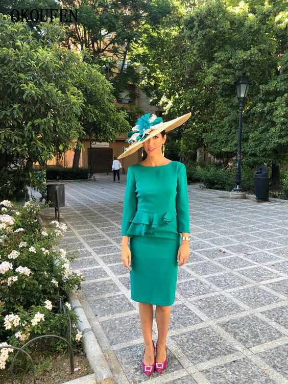 

Simple Short Mother of the Bride Dresses 2019 Long Sleeves Peplum vestido de madrinha farsali Weddding Party Gowns Pencil Skirt