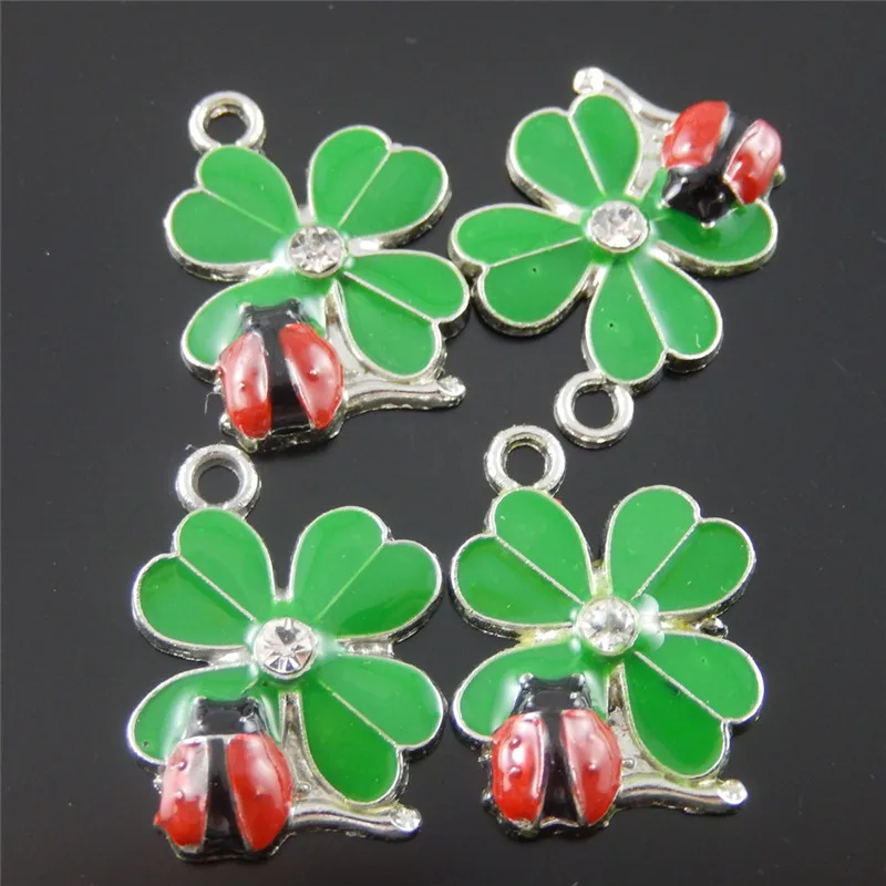 GraceAngie 20pcs Green And Red Color Clover and Ladybug Flower Enamel Pendant Charms Finding
