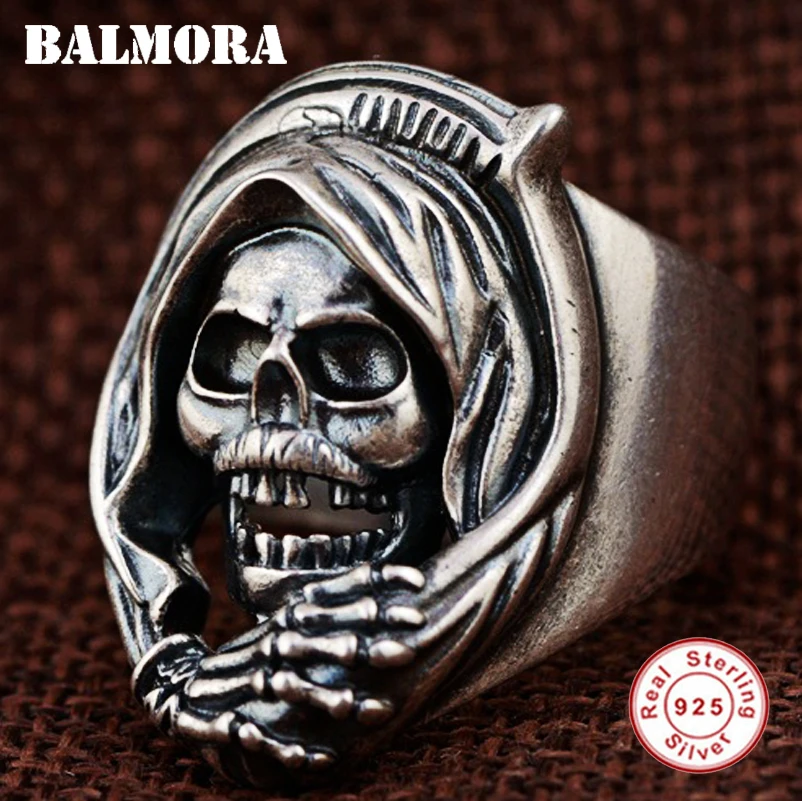

BALMORA 925 Sterling Silver Skull Open Rings for Men Vintage Cool Ring Skeleton Punk Fashion Thai Silver Jewelry Anillos SY22163