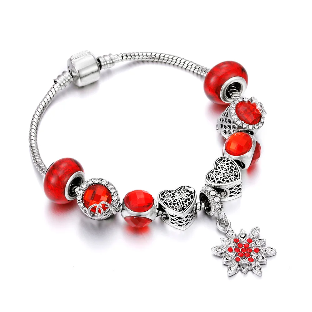 

Charms Red Crystal Bracelet Woman Silver Snake Chain Bracelets DIY Lucky Beads Metal Pendant Stars Leaves Boho Girl Jewelry Gift