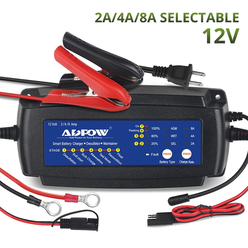 

7-Stage 12V 2A 4A 8A Battery Charger For Car Boat Truck Scooter Motorcycle 6-160Ah Agm Gel Wet Batteries Charging Maintainer