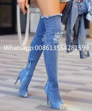 

Gladiator Designer Blue Denim Over The Knee Peep Toe Fashion Long Booties Sandals High Thin Heels Summer Women Sexy Shoes