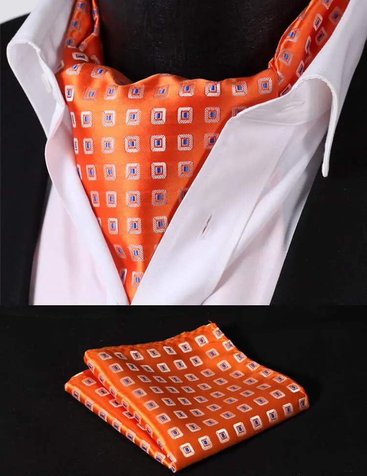 RC202N Orange Check Silk Cravat Woven Ascot Tie Pocket Square