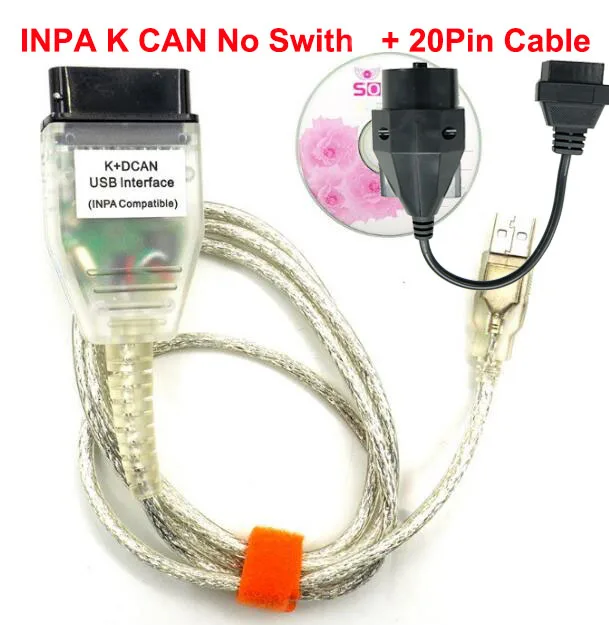 INPA K CAN с FTDI FT232RQ чип INPA K DCAN с функцией переключателя легкая работа K CAN DIS SSS NCS с 20PIN кабелем для BMW - Цвет: White noswitch 20pin