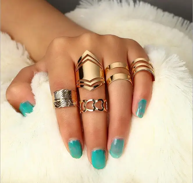 

5pcs/set Trendy Bague Punk Joint Circle Mid-Finger Rings Set for Women Adjustable Gold Hollow Party Ring