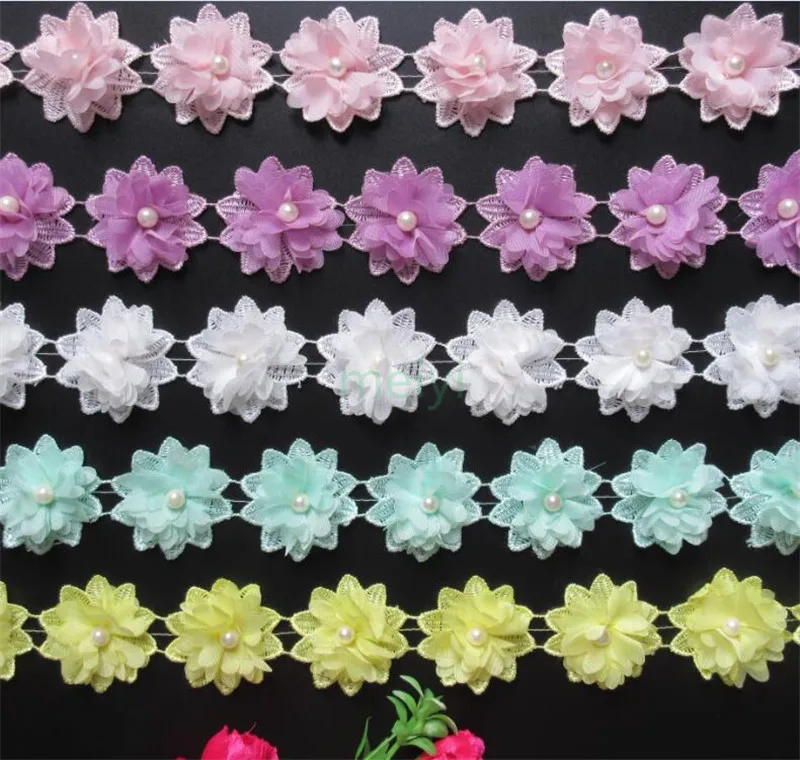 

1yard Soluble 50mm Flower Pearl Chiffon Embroidered Lace Trim Ribbon Fabric Handmade DIY Sewing Craft For Costume Hat Decoration