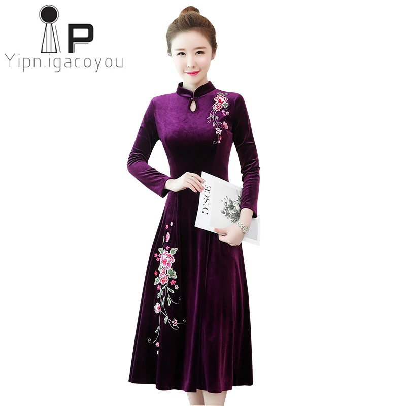 

Embroidery Vintage Dress Women Cheongsam Velvet Dress Elegant Spring Autumn Party Dresses Plus Size Robe Femme Ethnic Vestidos