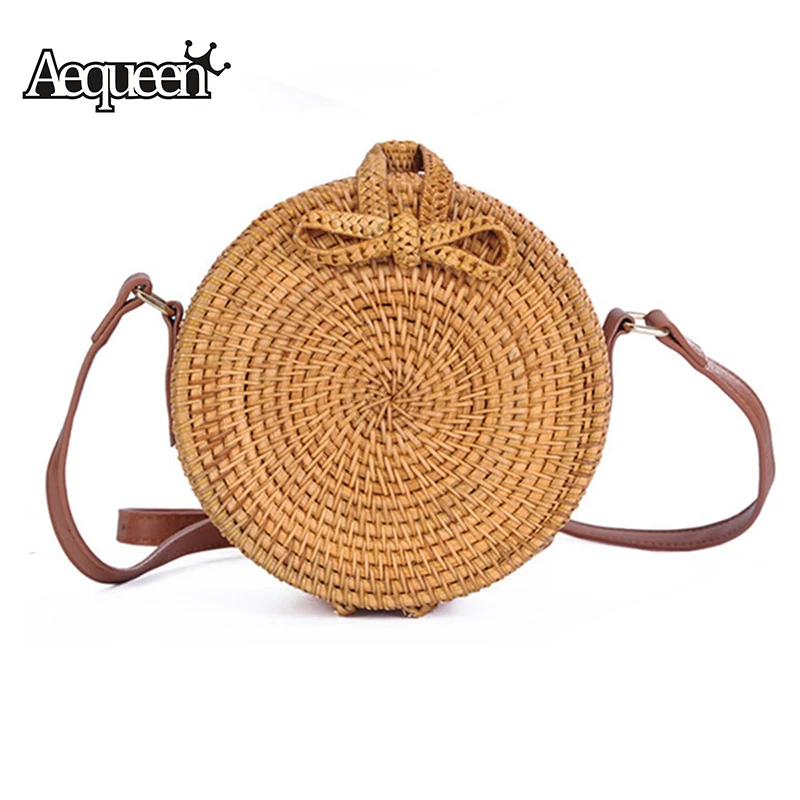 

AEQUEEN Vietnam Hand Woven Bag Round Rattan Straw Bags Crossbody Bag For Women 2018 Bohemia Style Beach Circle Bag INS Popular