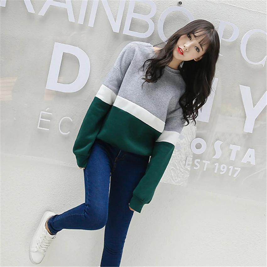  Autumn New Spell Color Stitching Harajuku Women Hoodies Pullover Fleece Loose Female Tracksuits Cas