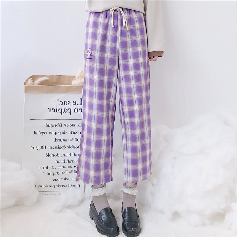

Women's Clothing New Japan Sweet kawaii Dog Embroidery Plaid Straight Ankle-Length Pants ulzzang loose Autumn casual Capris