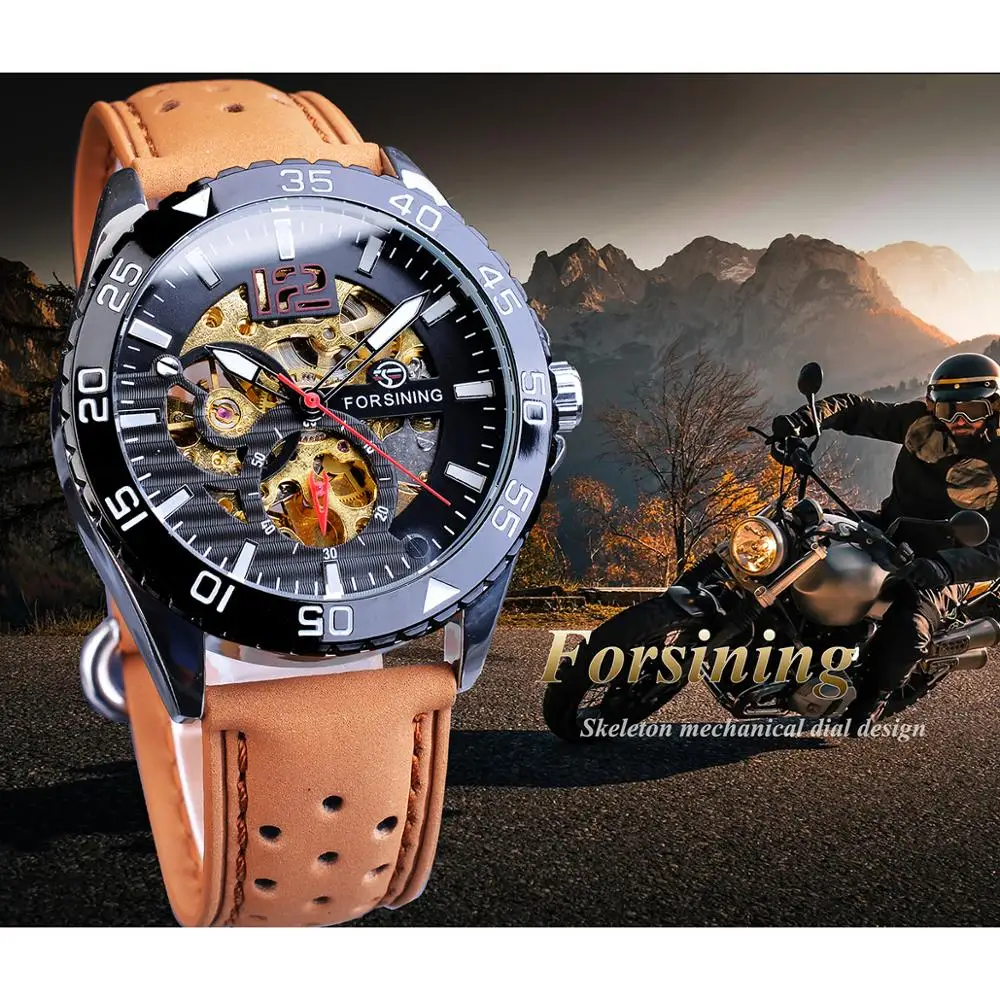 Forsining Creative Mechanical Sport Watches Men's Automatic Half Color Dial Brown Leather Band Racing Outdoor Watch Reloj Hombre_voghion.com