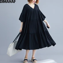 DIMANAF женское платье большого размера, большой размер, хлопок, женское платье, свободное, элегантное, длинное, плиссированное, черное, летнее, сарафан