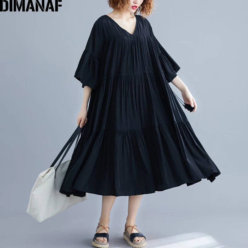 

DIMANAF Plus Size Women Dress Big Size Cotton Female Vestidos Loose Lady Elegant Long Dress Pleated Black Summer Sundress 2019