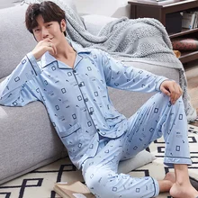 Новая демисезонная Пижама Мужская Хлопковая пижама с длинным рукавом с отложным воротником плюс размер повседневная Пижама Мужская зимняя Пижама комплект