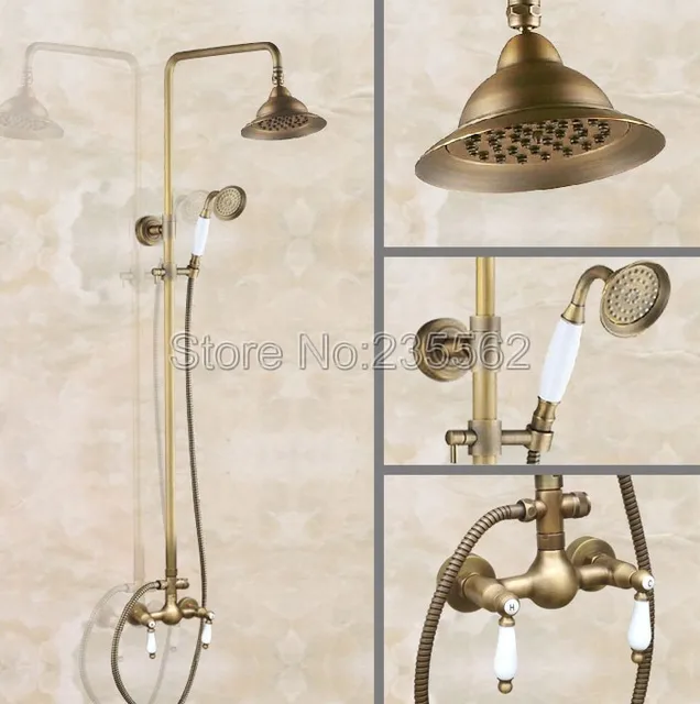 Antique Br Bathroom Wall Mount Rain Shower Faucet Set Mixer Tap Antique Br Bathroom Wall Mount Rain Shower Faucet Set Mixer Tap Kit With Ceramic Handheld Spray
