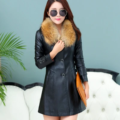 Осенняя кожаная одежда женское пальто Тренч средней длины верхняя одежда из овчины тонкие размера плюс Casaco de couro mulher - Цвет: Black with Fur