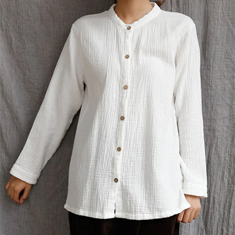 Women Long sleeve linen cotton Breathable Cardigan Blouse Shirt tees