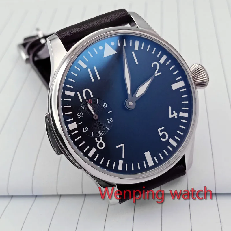 

Free Shipping 44mm classic black dial Parnis luminous makrs asia 6497 movement Mechanical Watches hand winding mens watch