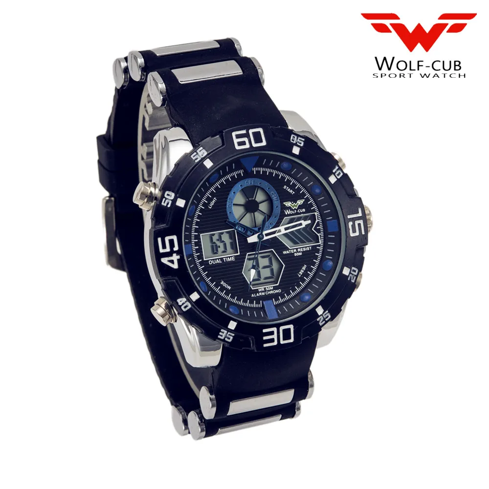 WOLF-CUB спортивные часы бренд Авто Дата День светодиодный Будильник Черный синий силиконовый ремешок аналоговые кварцевые Военные мужские цифровые часы синий