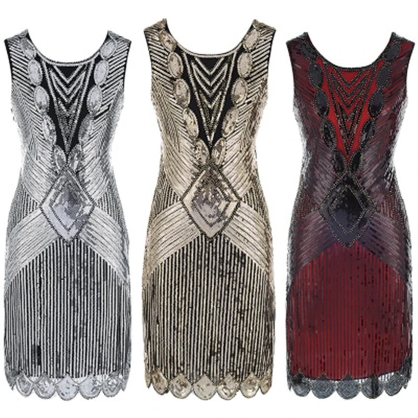 

free shipping Quanzhou Walson Women Sequins Dress round neck tassels Beaded Party Dress 1920s Vintage Ballroom Gold Dresses