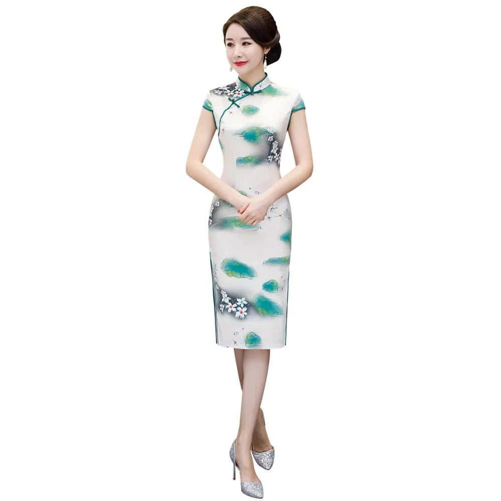 Шанхай история искусственный шелк короткий рукав цветочный Qipao с подкладкой