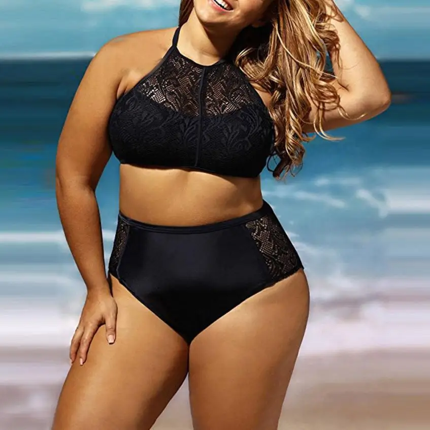 

Hot!! High Waist Sexy Womens Plus Size Beach Bra Bikini Set Hollow Out Backless Swimsuit Solid Black Swimwear biquini M-3XL