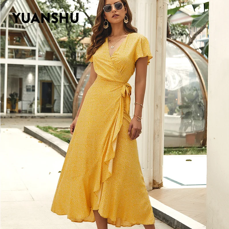 

YUANSHU Summer Beach Dress Women Floral Print Long Chiffon Bohemian Dress Short Sleeve Boho V-Neck Maxi Dress Ruffles Sundress