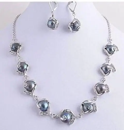 

hot Free shippingNEW Genuine Jewelry Weird Black Pearl Necklace Earring Set hot