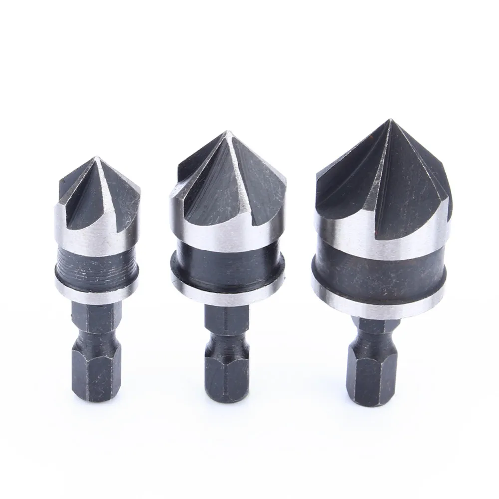 

3Pcs/set 90 Degree 1/4 Hex Shank Drill Bit 5 Flute 12-19mm Woodworking Chamfer Counter Sink Chamfering Debur Countersink