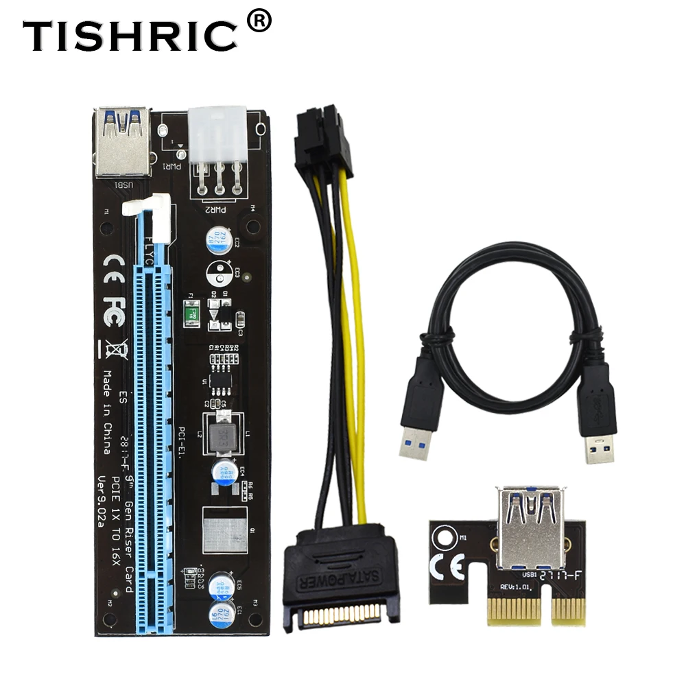 Видеоконвертер TISHRIC VER902A PCIE PCI Express Riser Card 1x 16x удлинитель Molex 6pin Sata Ide Usb 3 0 Btc