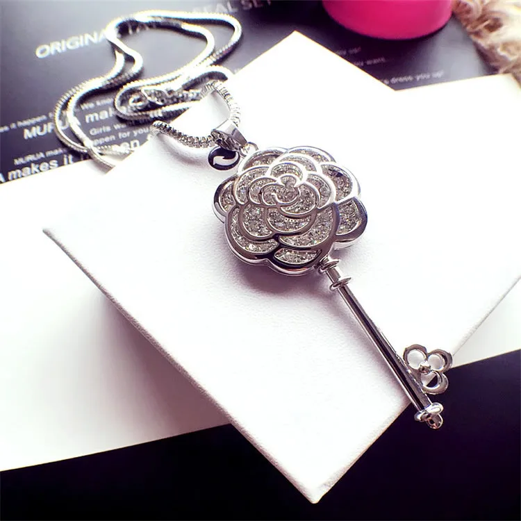 Винтажный геометрический хрустальный кулон, ожерелье, элегантные цепочки для свитера с цветами и кисточками, OL длинное ожерелье, ювелирные изделия, женские аксессуары - Окраска металла: silver flower key