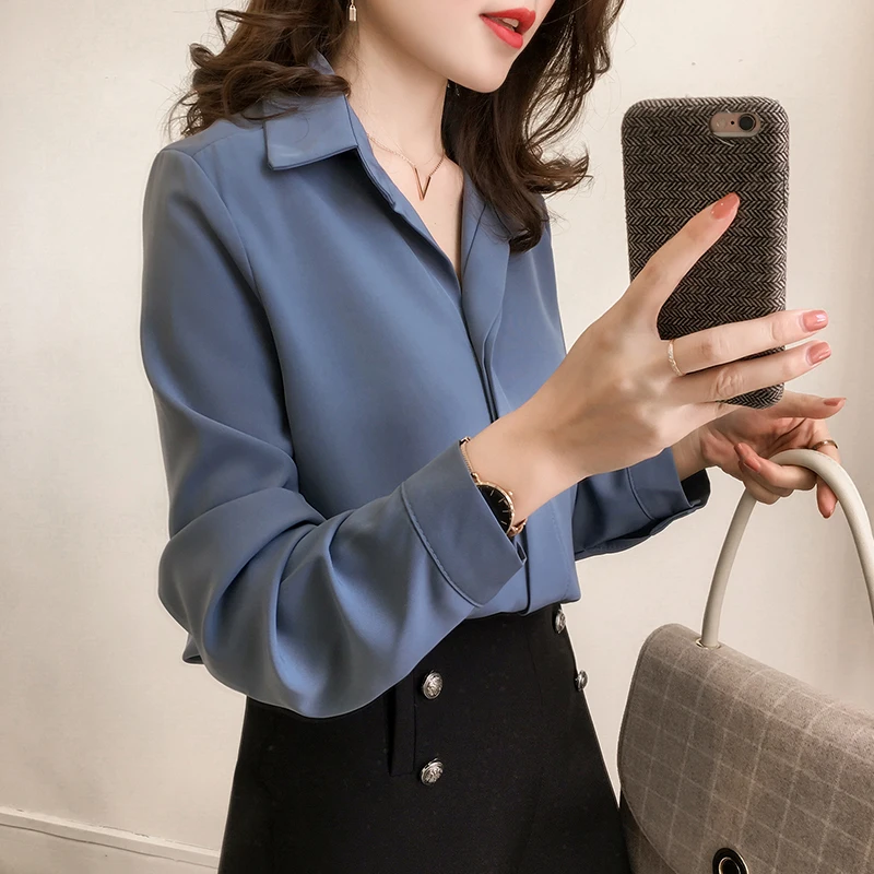 Новая Женская Весенняя рубашка с длинным рукавом Шифоновая Блузка простая Женская Чистая Корейская женская Большие одежда размеры модные рубашки D553 30 - Цвет: Синий