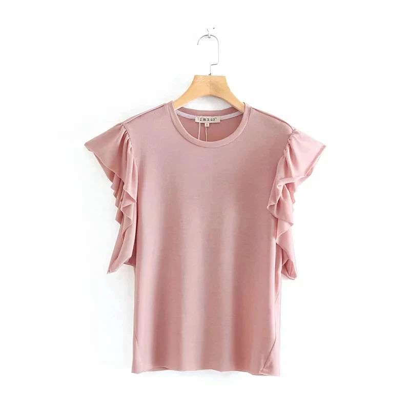 

Solid Women Ruffles Short Sleeve Knitting T shirt Casual Female Loose Tops 2019 Summer O Neck Tee Shirt Femme T1167