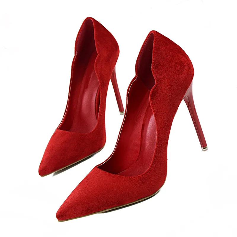 Туфли-лодочки на платформе женские свадебные туфли на каблуках замшевые ботинки с оборками новые женские туфли на тонком каблуке свадебные туфли на высоком каблуке с острым носком - Цвет: Красный