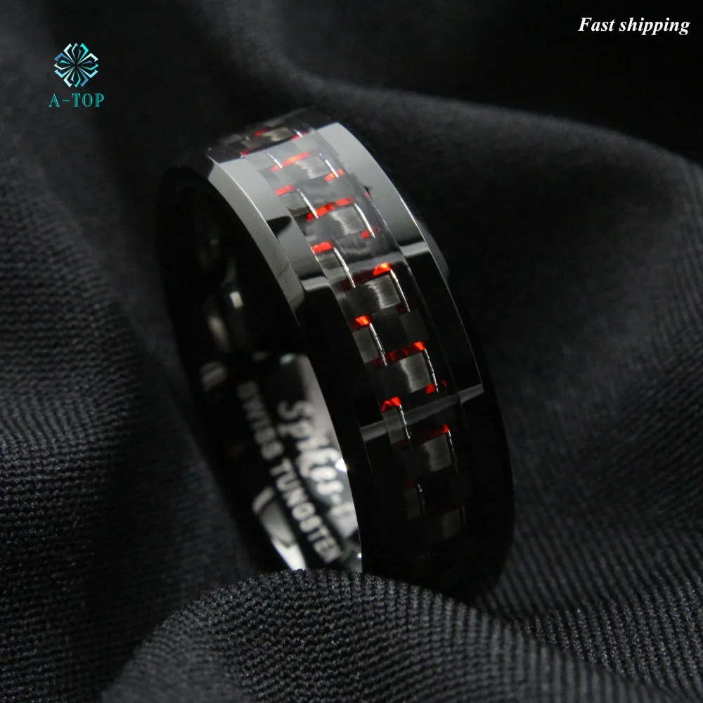Men s Tungsten Ring with Carbon Fiber 8mm Black and red men s Wedding Band Free