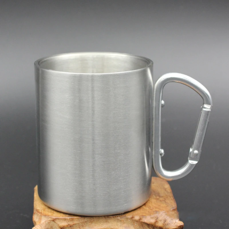 Nueva venta 330 ml taza de acero inoxidable con plegable auto-bloqueo mosquetón mango plegable mango taza para Camping al aire libre senderismo