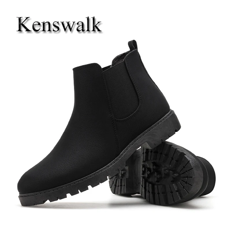 

Kenswalk Fashion Men's Male Brand High Top Leather Boots New Men Chelsea Boots Slip On Short Boots Ankle Boots Rubber Outsole