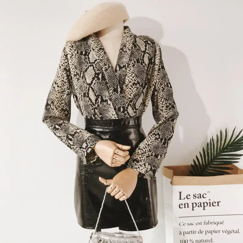 

New fashion women snake skin printed vintage blouse shirts female vogue high street long sleeve v neck blouses tops shirt