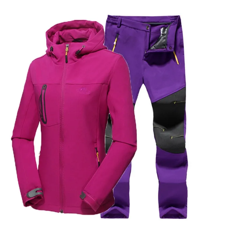Женские зимние лыжные костюмы для катания на лыжах на открытом воздухе Флисовая теплая водонепроницаемая походная куртка мягкие брюки оболочки набор для похода