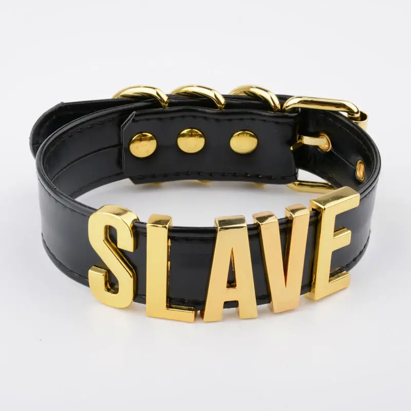 Baratos Gargantilla de letra personalizada negra hecha a mano con nombre de oro y plata Collar de esclavo para mujeres y niñas Bondage Cosplay fetiche